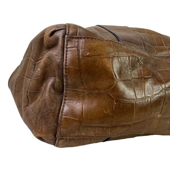 Perlina Womens Brown Croc Embossed Leather Double Handle Shoulder Bag Purse - Picture 12 of 16